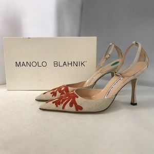 Manolo Blahnik Pointed Toe Canvas Heels